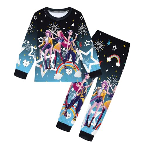 YuanDiann Huntrix Kinder Pyjama Set Langarm 3D Cartoon Druck Schlafanzug Mädchen Jungen 2-teilig Lang Nachtwäsche T-Shirt + Hose Cosplay Kostüm Outfit Weihnachts Geburtstags Geschenk 8# Schwarz 120 von YuanDiann