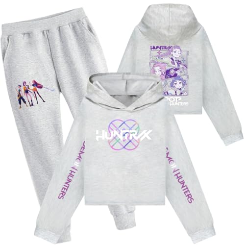 YuanDiann Huntrix Kurz Hoodie + Jogginghose 2-teilig Set Sport Casual Bequem Drucken Cropped Top Pulli Kapuzenpullover & Hose Geschenk für Mädchen Jungen Grau 2# Set 170 von YuanDiann