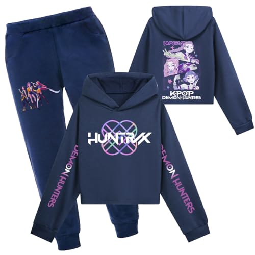 YuanDiann Huntrix Kurz Hoodie + Jogginghose 2-teilig Set Sport Casual Bequem Drucken Cropped Top Pulli Kapuzenpullover & Hose Geschenk für Mädchen Jungen Marine 2# Set 170 von YuanDiann