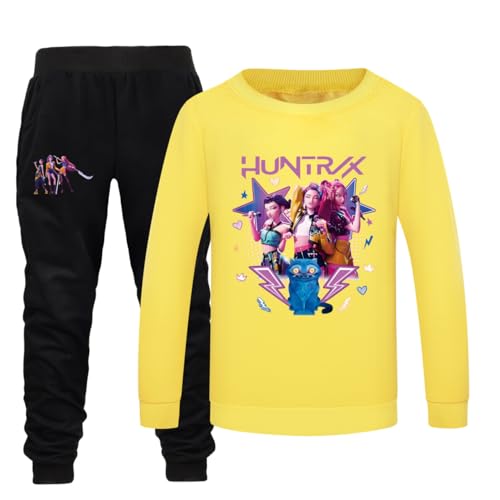 YuanDiann Huntrix Mädchen Jungen Sweatshirt + Jogginghose 2-teilig Set, Rundhals Pullover Trainingsanzug Drucken Tracksuit Kinder Sport Freizeit Pulli Top & Hose GeschenkGelb Set 140 von YuanDiann
