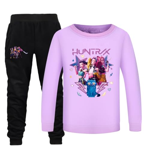 YuanDiann Huntrix Mädchen Jungen Sweatshirt + Jogginghose 2-teilig Set, Rundhals Pullover Trainingsanzug Drucken Tracksuit Kinder Sport Freizeit Pulli Top & Hose GeschenkLila Set 140 von YuanDiann