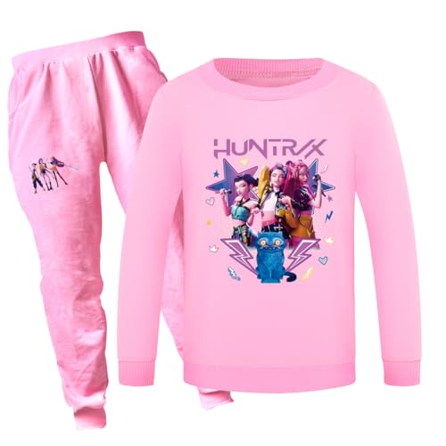 YuanDiann Huntrix Mädchen Jungen Sweatshirt + Jogginghose 2-teilig Set, Rundhals Pullover Trainingsanzug Drucken Tracksuit Kinder Sport Freizeit Pulli Top & Hose GeschenkRosa 2# Set 140 von YuanDiann