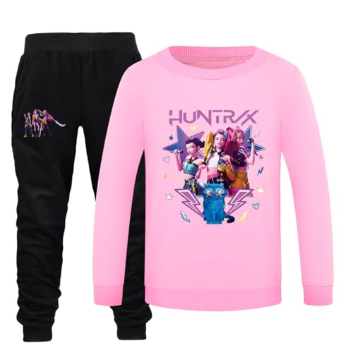 YuanDiann Huntrix Mädchen Jungen Sweatshirt + Jogginghose 2-teilig Set, Rundhals Pullover Trainingsanzug Drucken Tracksuit Kinder Sport Freizeit Pulli Top & Hose GeschenkRosa Set 160 von YuanDiann