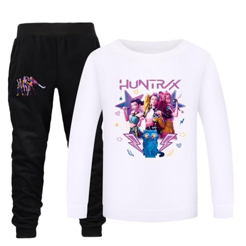 YuanDiann Huntrix Mädchen Jungen Sweatshirt + Jogginghose 2-teilig Set, Rundhals Pullover Trainingsanzug Drucken Tracksuit Kinder Sport Freizeit Pulli Top & Hose GeschenkWeiß Set 140 von YuanDiann