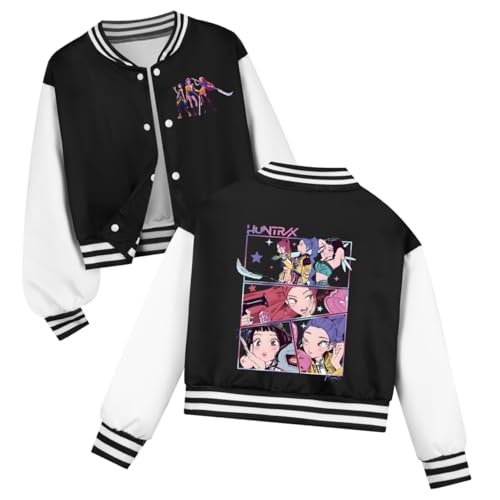 YuanDiann Huntrix Sweatjacke Drucken Kinder College Jacke Kurz Baseballjacke Knopfdesign Cardigan Sport Casual Kein Pilling Jungen Mädchen Geschenk Schwarz 110 von YuanDiann