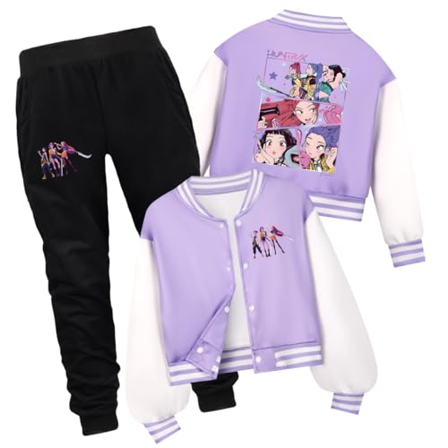 YuanDiann Huntrix Sweatjacke Drucken Kinder College Jacke Set, Kurz Baseballjacke + Jogginghose 2-teilig, Knopfdesign, Sport Casual Tracksuits Kein Pilling Jungen Mädchen Geschenk Lila Set 130 von YuanDiann