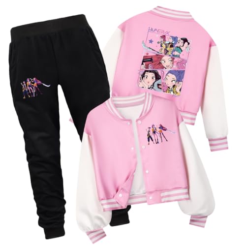 YuanDiann Huntrix Sweatjacke Drucken Kinder College Jacke Set, Kurz Baseballjacke + Jogginghose 2-teilig, Knopfdesign, Sport Casual Tracksuits Kein Pilling Jungen Mädchen Geschenk Rosa Set 130 von YuanDiann