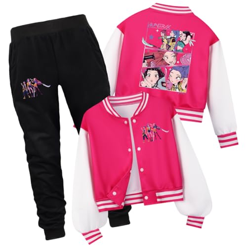 YuanDiann Huntrix Sweatjacke Drucken Kinder College Jacke Set, Kurz Baseballjacke + Jogginghose 2-teilig, Knopfdesign, Sport Casual Tracksuits Kein Pilling Jungen Mädchen Geschenk Rose Set 120 von YuanDiann