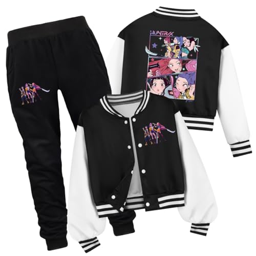 YuanDiann Huntrix Sweatjacke Drucken Kinder College Jacke Set, Kurz Baseballjacke + Jogginghose 2-teilig, Knopfdesign, Sport Casual Tracksuits Kein Pilling Jungen Mädchen Geschenk Schwarz Set 150 von YuanDiann