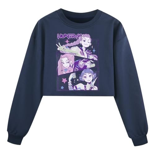 YuanDiann Kinder Huntrix Crop Pullover, Kurz Sweatshirt Top Rundhals Cartoon Drucken, Sport Freizeit Bequem Pulli Geschenk für Mädchen​ Marine 140 von YuanDiann