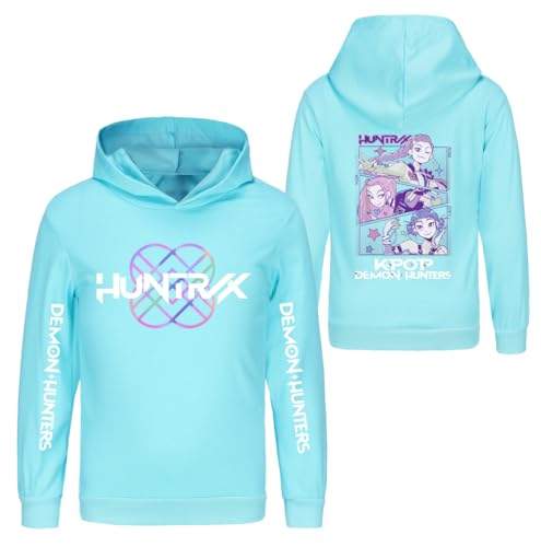 YuanDiann Kinder Huntrix Hoodie – Sweatshirt mit Kapuzen Süßem Cartoon Drucken Pulli, Kapuzenpullover Sport Freizeit, Geschenk für Mädchen​ Hellblau 130 von YuanDiann
