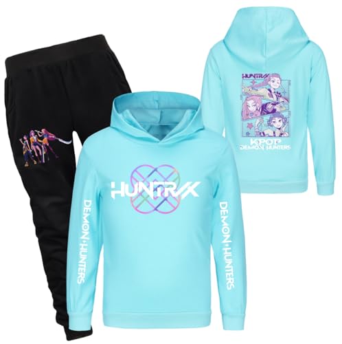 YuanDiann Kinder Huntrix Tracksuit – Kapuzenpullover + Jogginghose 2-teilig Set, Cartoon-Druck Sportanzug, Sport & Freizeit Hoodie Trainingsanzug, Geschenk​ Mädchen Hellblau Set 140 von YuanDiann