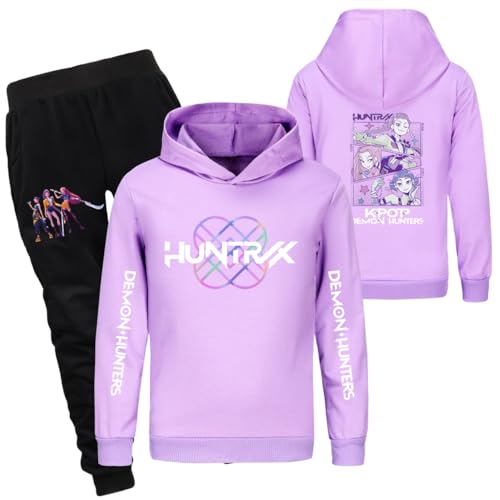 YuanDiann Kinder Huntrix Tracksuit – Kapuzenpullover + Jogginghose 2-teilig Set, Cartoon-Druck Sportanzug, Sport & Freizeit Hoodie Trainingsanzug, Geschenk​ Mädchen Lila Set 140 von YuanDiann