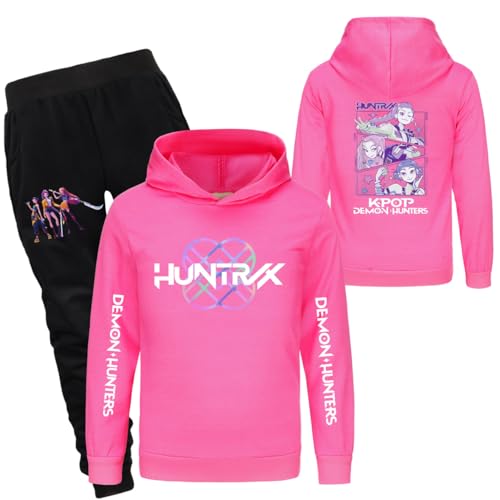 YuanDiann Kinder Huntrix Tracksuit – Kapuzenpullover + Jogginghose 2-teilig Set, Cartoon-Druck Sportanzug, Sport & Freizeit Hoodie Trainingsanzug, Geschenk​ Mädchen Rose Set 130 von YuanDiann