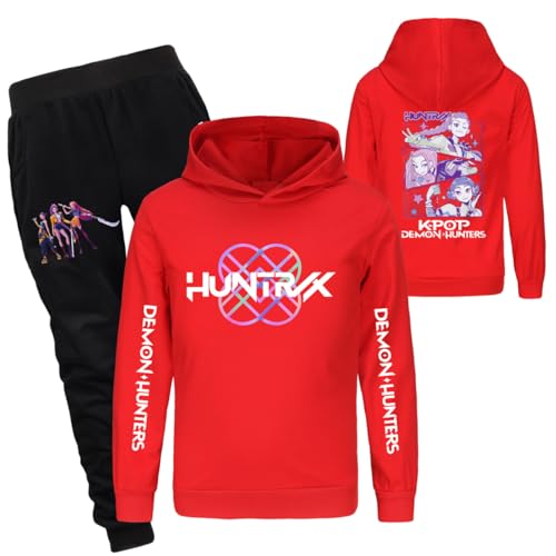 YuanDiann Kinder Huntrix Tracksuit – Kapuzenpullover + Jogginghose 2-teilig Set, Cartoon-Druck Sportanzug, Sport & Freizeit Hoodie Trainingsanzug, Geschenk​ Mädchen Rot Set 130 von YuanDiann