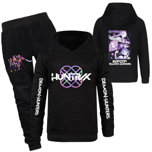 YuanDiann Kinder Huntrix Tracksuit – Kapuzenpullover + Jogginghose 2-teilig Set, Cartoon-Druck Sportanzug, Sport & Freizeit Hoodie Trainingsanzug, Geschenk​ Mädchen Schwarz 2# Set 120 von YuanDiann