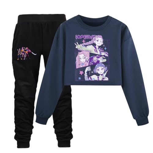 YuanDiann Kinder Huntrix Tracksuit Set, Crop Pullover + Jogginghose 2-teilig Set, Sportanzug Sport Freizeit Pulli Trainingsanzug, Geschenk für Mädchen Marine Set 150 von YuanDiann