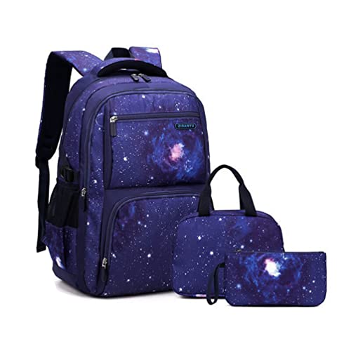 YuanDiann Kinder Schulrucksack Dreier-Set mit Lunchtasche Federmäppchen, 3D Sternenklarer Himmel Drucken Grundschule Mittelschule Jungen Schultasche 30 Liter Schulranzen Rucksack Dunkelblau 4 von YuanDiann