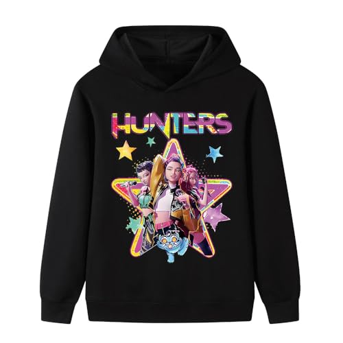 YuanDiann Kinder Teenager Huntrix Hoodie – Kapuzensweatshirt mit Cartoon-Print, Sportlicher Kapuzenpulli für Jungen Mädchen, Eleganter Freizeit-Geschenk Kapuzenpullover Schwarz 1# 130 von YuanDiann