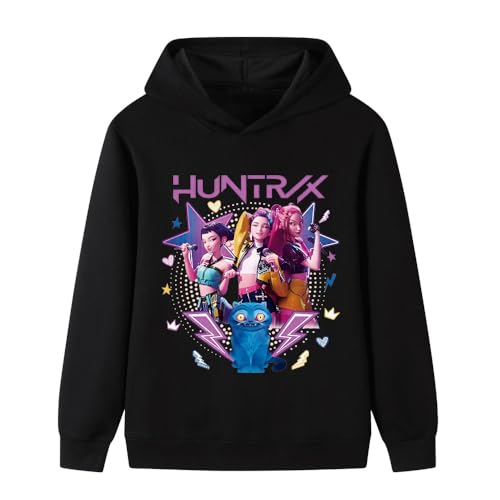 YuanDiann Kinder Teenager Huntrix Hoodie – Kapuzensweatshirt mit Cartoon-Print, Sportlicher Kapuzenpulli für Jungen Mädchen, Eleganter Freizeit-Geschenk Kapuzenpullover Schwarz 3# 140 von YuanDiann