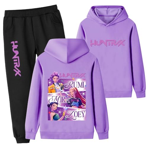 YuanDiann Kinder Teenager Huntrix Tracksuit – Kapuzenpullis + Jogginghose, Hoodie Hip Hop Sweatshirts Trainingsanzug für Jungen Mädchen, Sport & Freizeit Geschenk-Set Lila 3# 120 von YuanDiann