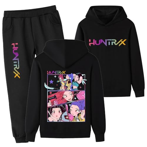 YuanDiann Kinder Teenager Huntrix Tracksuit – Kapuzenpullis + Jogginghose, Hoodie Hip Hop Sweatshirts Trainingsanzug für Jungen Mädchen, Sport & Freizeit Geschenk-Set Schwarz 1# 140 von YuanDiann