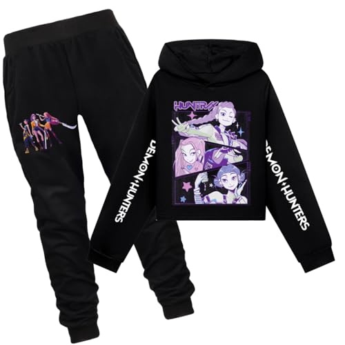 YuanDiann Kinder Tracksuit Set – Crop Hoodie + Jogginghose 2-teilig set, Sportanzug mit Huntrix Druck, Sport Freizeit Trainingsanzug, Geschenk für Mädchen​ Schwarz 4# Set 120 von YuanDiann