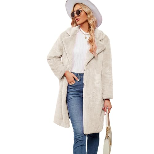 YuanDiann Langer Kunstpelzmantel Damen Großes Revers Herbst-Winter Weich Warm Kunstfell Parka Damen Fellimitat Trench Outerwear Beige S von YuanDiann