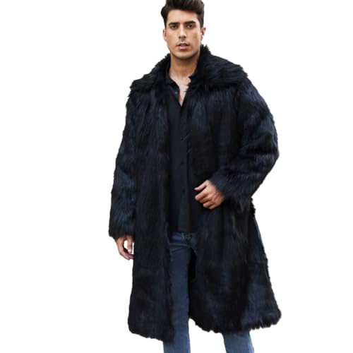 YuanDiann Langer Kunstpelzmantel für Herren Herbst Winter Revers Weicher Warmer Kunstfell Trench Fellimitat übergang Outerwear Parka Schwarz 4XL von YuanDiann