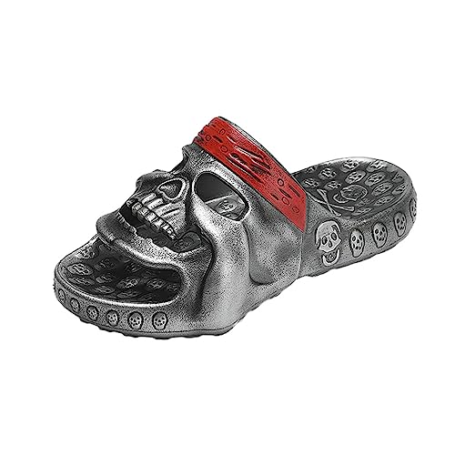 YuanDiann Lustige Totenkopf Slides Herren, Vintage Tragbar rutschfest Leicht Duschschuhe Wolkenschuhe Schlappen Sommer Garten Hausschuhe Badeschuhe Pantoletten Silber 40 EU von YuanDiann