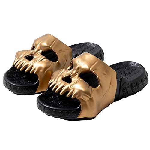 YuanDiann Lustige Totenkopf Slides Herren Damen, Tragbar Rutschfest Leicht Duschschuhe Wolkenschuhe Schlappen Sommer Garten Hausschuhe Badeschuhe Pantoletten Indoor und Outdoor Schwarz + Gold 36-37 EU von YuanDiann