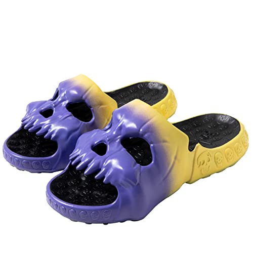 YuanDiann Lustige Totenkopf Slides Herren Damen, Tragbar Rutschfest Leicht Duschschuhe Wolkenschuhe Schlappen Sommer Garten Hausschuhe Badeschuhe Pantoletten Indoor und Outdoor Violett + Gelb 36-37 EU von YuanDiann