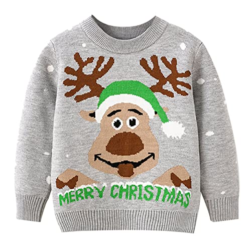 YuanDiann Mädchen Jungen Weihnachtspullover Kinder Langarm Gestrickt Sweater Pullis Strickpullover Kleinkind Herbst Winter Baumwolle Strickjacken 3147 Grau 140 cm von YuanDiann