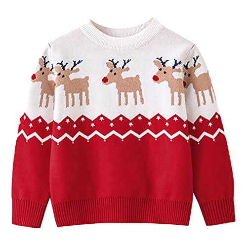 YuanDiann Mädchen Jungen Weihnachtspullover Kinder Langarm Gestrickt Sweater Pullis Strickpullover Kleinkind Herbst Winter Baumwolle Strickjacken 3175 Rot 110 cm von YuanDiann