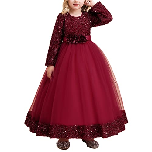 YuanDiann Mädchen Tüll mit Pailletten Blumenmädchen Kleider Elegant Hochzeit Brautjungfernkleid Kinder Prinzessin Abendkleid Geburtstagskleid Festliches Partykleid Ballkleid Rot 150 von YuanDiann