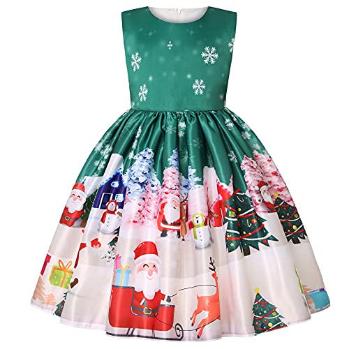 YuanDiann Mädchen Weihnachtskleid Süßer Cartoon Drucken Ärmellos Kinder Abendkleider Falten Fliege Cocktail Weihnachten Party Festliches Prinzessin Kleid Grün 140 von YuanDiann