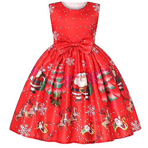 YuanDiann Mädchen Weihnachtskleid Süßer Cartoon Drucken Ärmellos Kinder Abendkleider Falten Fliege Cocktail Weihnachten Party Festliches Prinzessin Kleid Rot B 130 von YuanDiann