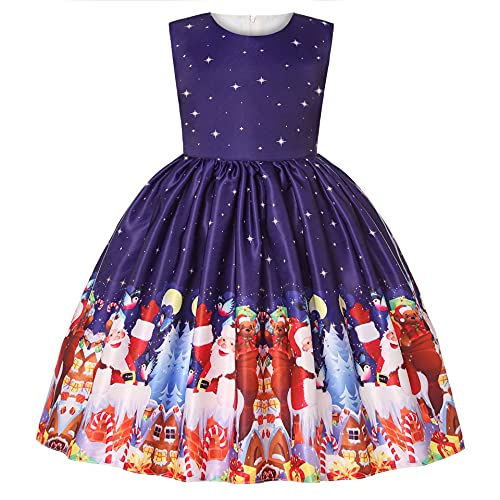 YuanDiann Mädchen Weihnachtskleid Süßer Cartoon Drucken Ärmellos Kinder Abendkleider Falten Fliege Cocktail Weihnachten Party Festliches Prinzessin Kleid Saphir 140 von YuanDiann