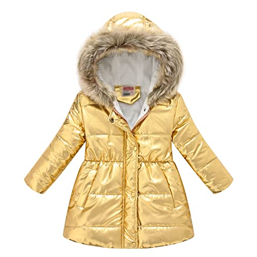 YuanDiann Mädchen Wintermantel Winter Glänzende Steppjacke Kinder Daunenjacke mit Kunstfell Hoodie Outerwear Gold 110 von YuanDiann