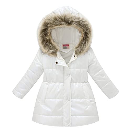 YuanDiann Mädchen Wintermantel Winter Glänzende Steppjacke Kinder Daunenjacke mit Kunstfell Hoodie Outerwear Weiß 110 von YuanDiann