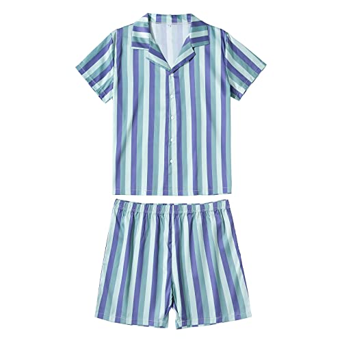 YuanDiann Schlafanzug Herren Kurz Pyjama Set Zweiteiliger Kurzarm Bluse Hose Kurze Sommer Zuhause Nachtwäsche für Männer Blau + Grün + Weiß L von YuanDiann