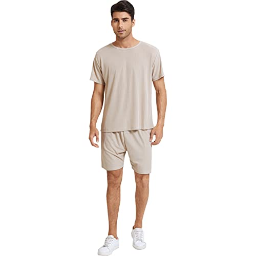 YuanDiann Schlafanzug Herren Kurz Pyjama Set Zweiteiliger Sanft O-Ausschnitt Shirt Hose Kurze Sommer Zuhause Nachtwäsche für Männer Beige S von YuanDiann