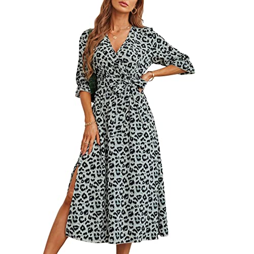 YuanDiann Sommerkleid Damen Kleid Lang V-Ausschnitt Flare Halbe Ärmel Hohe Taille A-Linie Maxikleid mit Schlitz Tailliert Elegant Ferien Täglich Party Kleider Freizeit Grau XL von YuanDiann