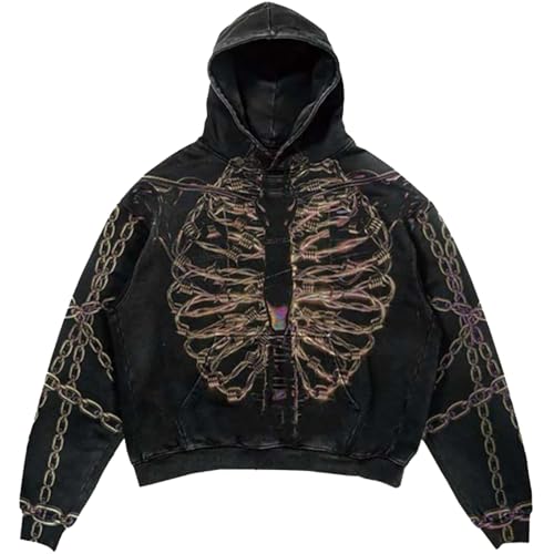 YuanDiann Y2K Gothic Skelett Hoodie mit Punk Druck Design - Herren Damen Streetwear Kapuzenpullis Sweatshirt mit Kapuze​ Sport Casual​ Kapuzenpullover 16# L von YuanDiann