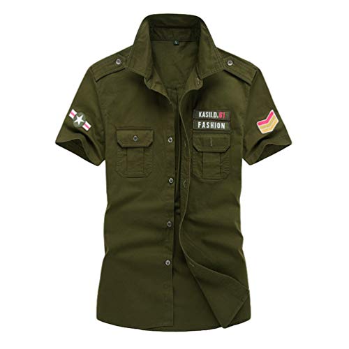 Yuandian Herren Sommer Große Größen Armee-Stil Freizeithemd 100% Baumwolle Button Down Kurzarm Shirts Slim Fit Pilotenhemd Militär Stickerei Hemden Armee 2XL von YuanDiann