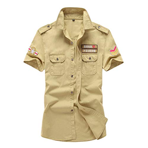 Yuandian Herren Sommer Große Größen Armee-Stil Freizeithemd 100% Baumwolle Button Down Kurzarm Shirts Slim Fit Pilotenhemd Militär Stickerei Hemden Khaki XL von YuanDiann