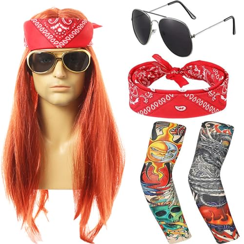 YuanYouTong 70er 80er Jahre Heavy Metal Disco Perücke, Rockstar Ginger Rocker Perücke Set Rockstar Kostüm Zubehör für Männer Frauen, Lange Hippie Perücke Gerade Fasching Perücke für 1980er Disco YuanYouTong 70er 80er Jahre Heavy Metal Disco Perücke, Rockstar Ginger Rocker Perücke Set Rockstar Kostüm Zubehör für Männer Frauen, Lange Hippie Perücke Gerade Fasching Perücke für 1980er Disco von YuanYouTong