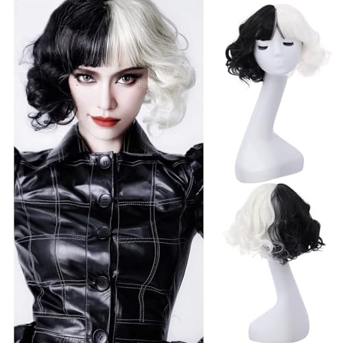 YuanYouTong Schwarze und weiße Perücken für Damen, Cruella Deville Perücke, kurz, lockig, halb weiß, halb schwarz, Bob-Perücke mit Pony, gewelltes Kunsthaar für Kostümparty, Halloween, Kostüm, Cosplay YuanYouTong Schwarze und weiße Perücken für Damen, Cruella Deville Perücke, kurz, lockig, halb weiß, halb schwarz, Bob-Perücke mit Pony, gewelltes Kunsthaar für Kostümparty, Halloween, Kostüm, Cosplay von YuanYouTong