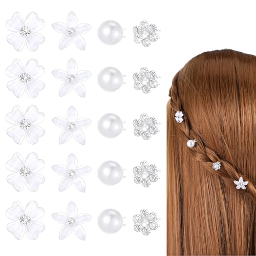 Yuanchu 20 Stück Weiße Mini Blumen Haarspangen mit Perle, Mini-Süße Strass-Metall-Haarnadeln für Frauen Blumen Haarschmuck Hochzeit Mädchen Haarspange Blume von Yuanchu