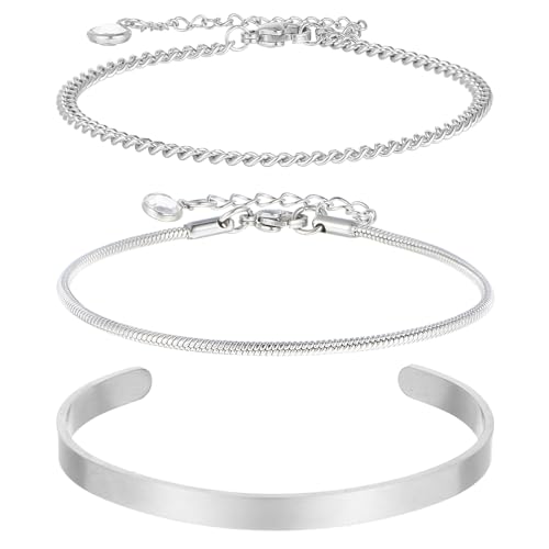 Yuanchu 3 Stück Silber Armband Herren, Edelstahl Armreif Stackable Kette Armband Set Dünne Armbänder Cuban Link Schlangenarmband Silberarmbänder Damen Schmuck Geschenk für Männer Ehemann Valentinstag Yuanchu 3 Stück Silber Armband Herren, Edelstahl Armreif Stackable Kette Armband Set Dünne Armbänder Cuban Link Schlangenarmband Silberarmbänder Damen Schmuck Geschenk für Männer Ehemann Valentinstag von Yuanchu